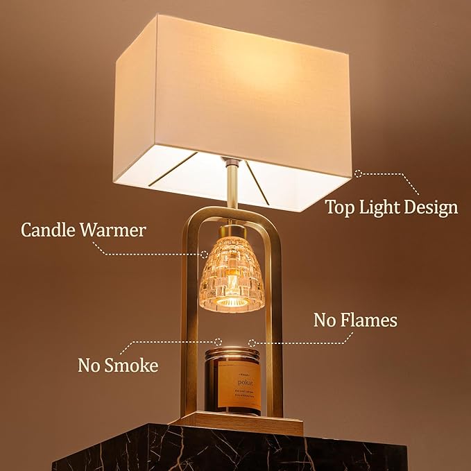 PoKat Gold Table Lamps for Bedroom with Candle Warmer & Timer, Mid Century Modern Bedroom Lamps for Living Room Night Stands, Bedside Lamps for End Table, Dinning, Bathroom, Bulbs Included