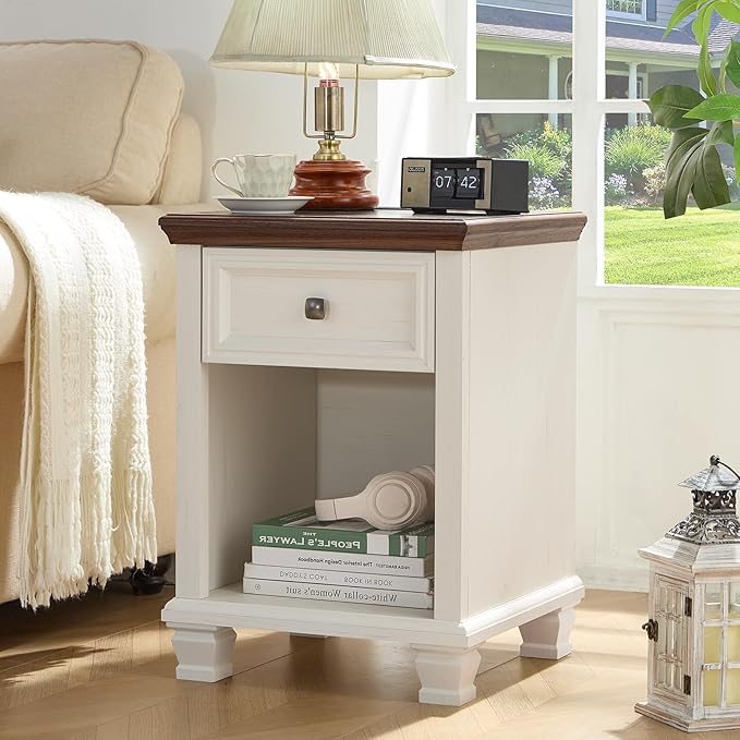 SAVOR LIFE Farmhouse End Tables Living Room Set of 2, Rustic Wood Nightstand with 1 Drawer, Bedside Table with Open Shelf for Bed Room, Side Table for Living Room, White