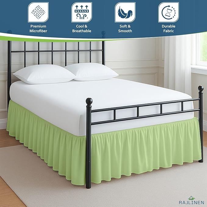 Rajlinen Ruffled Bed Skirt King, 16 Inch Drop Dust Ruffle with Split Corners, 100% Microfiber Bedskirt with Platform, Three-Sided Coverage Ruffled Gathering Design, Sage