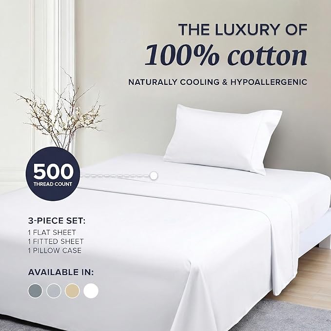 Beckham Hotel Collection Twin Sheet Set 100% Cotton, 500TC Luxury Sateen Bedding, 16” Deep Pocket, Moisture-Wicking, 3-Piece, White