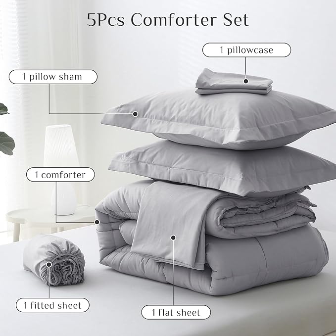 JOLLYVOGUE Twin XL Comforter Set, Ultra-Soft Bed in a Bag Twin XL Size 5 Pieces, Oeko-TEX Certified Bedding Set with Down Alternative Comforter, Sheets, Pillowcases & Shams, Light Grey
