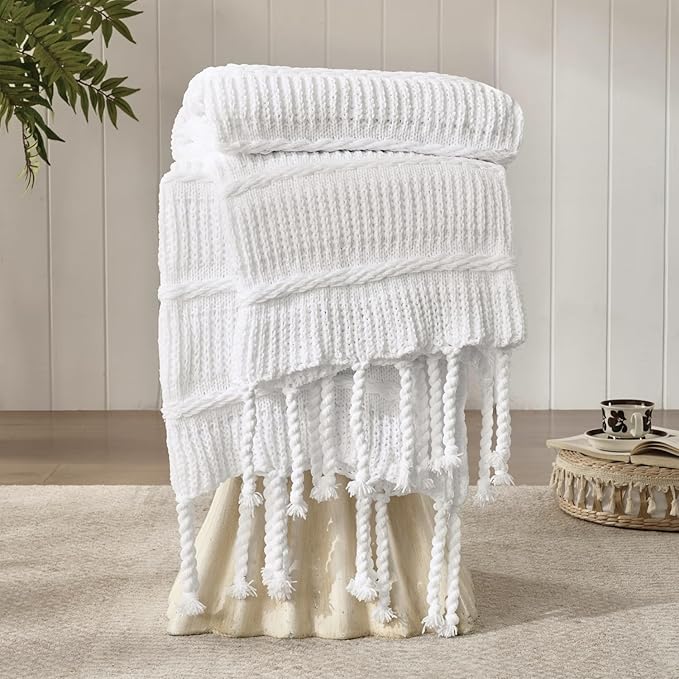 Boho Knitted Chenille Blanket with Tassels - Lightweight & Soft All-Season Throw - 3D Classic Pattern for Living Room Bedroom Couch, Cloud White, Twin 60"x80"