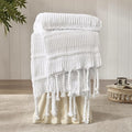 Boho Knitted Chenille Blanket with Tassels - Lightweight & Soft All-Season Throw - 3D Classic Pattern for Living Room Bedroom Couch, Cloud White, Queen 90"x90"