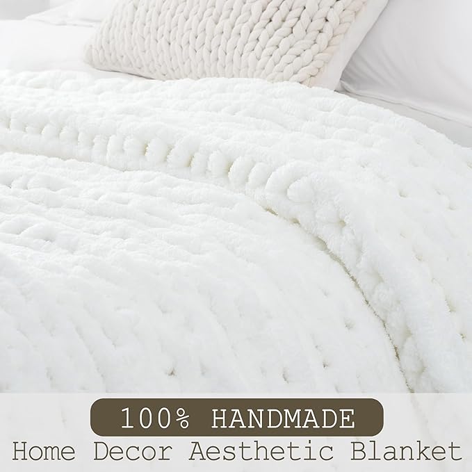 Chunky Knit Throw Blanket 60"X 80", 100% Handmade with Soft Chenille Yarn, 6.7lbs Thick Cable Knitted Blankets, Large Rope Knot Crochet Throws for Couch Sofa Bed Home Decor, Snow White