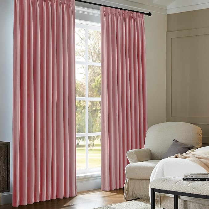 Pinch Pleated 100% Blackout Curtains for Bedroom, Pink Velvet Curtains for Living Room, Black Out Curtain 86 inch Long Room Darkening, Blackout Pinch Pleat Drapes with Hooks 2 Panels