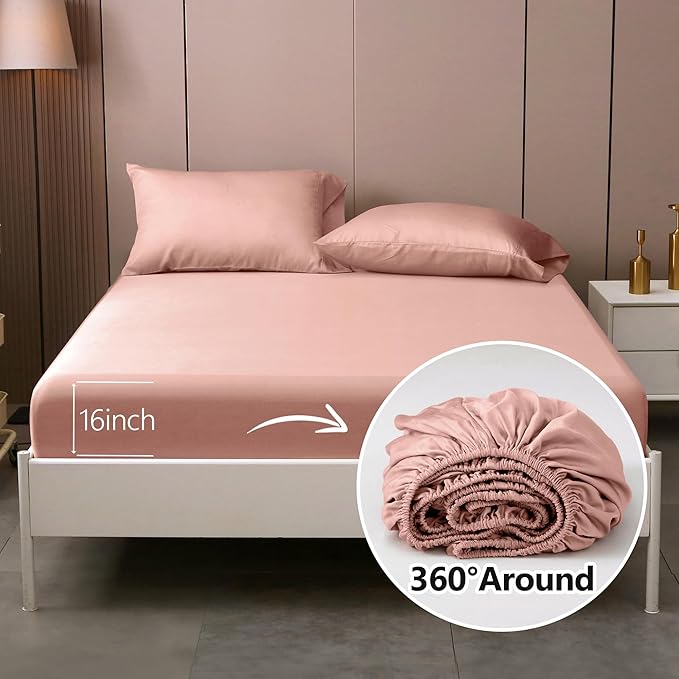 Queen Sheets, Rayon Derived from Bamboo, Cooling Bed Sheets Set,Deep Pocket Up to 16", 4 Pieces Silky Soft, Breathable Bedding Sheets & Pillowcases(Pink,Queen)