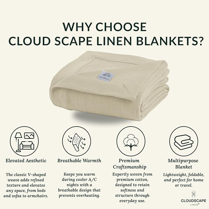 Cloud Scape Linen 100% Cotton Throw Blanket 50x70 Fog, Luxury All-Season Warmth, Ultra Soft, Oversized Herringbone Gauze Blanket for Winter, Bed, Couch & Sofa Decor, Best Gift Idea