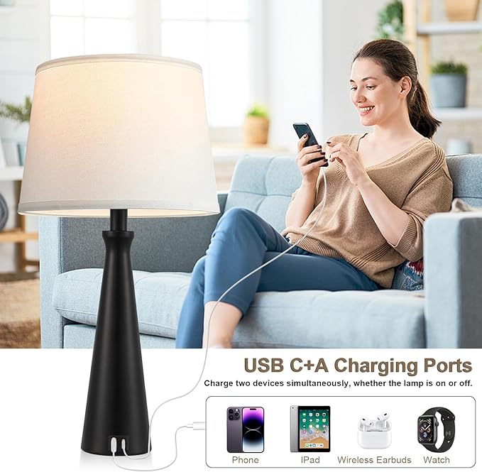 Seealle Single Modern Table Lamp - Touch Bedside Lamp for Nightstand with USB Dual C+A,3-Way Dimmable Black Nightstand Lamp for Living Room Bedroom End Table(Bulb Included)