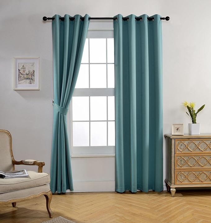 MIUCO 1 Pair Thermal Insulated Grommet 52-Inch-by-84-Inch Blackout Window Curtain Panels with 2 Tiebacks, Teal