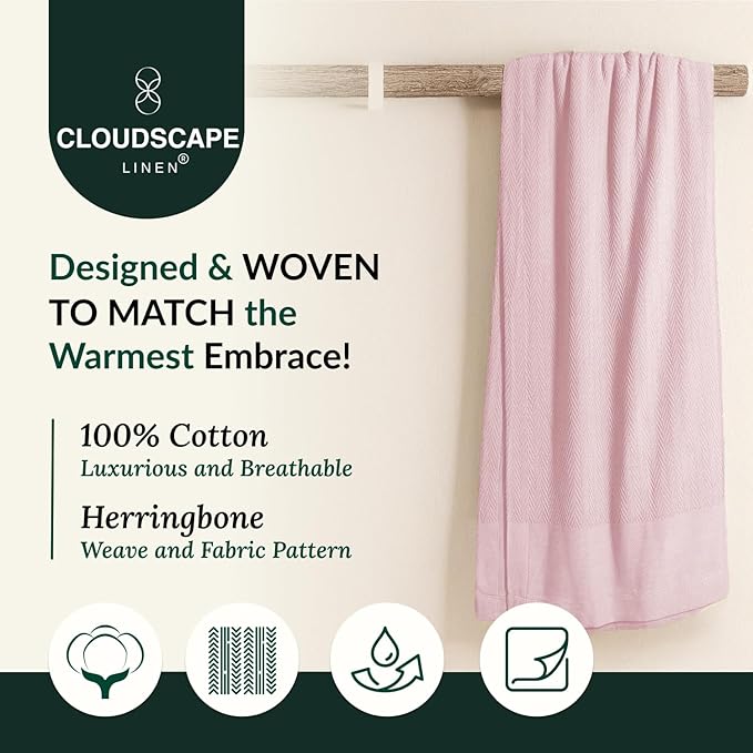 Cloud Scape Linen 100% Cotton Throw Blanket 50x70 Seashell Pink, Luxury All-Season Warmth, Ultra Soft, Oversized Herringbone Gauze Blanket for Winter, Bed, Couch & Sofa Decor, Best Gift Idea