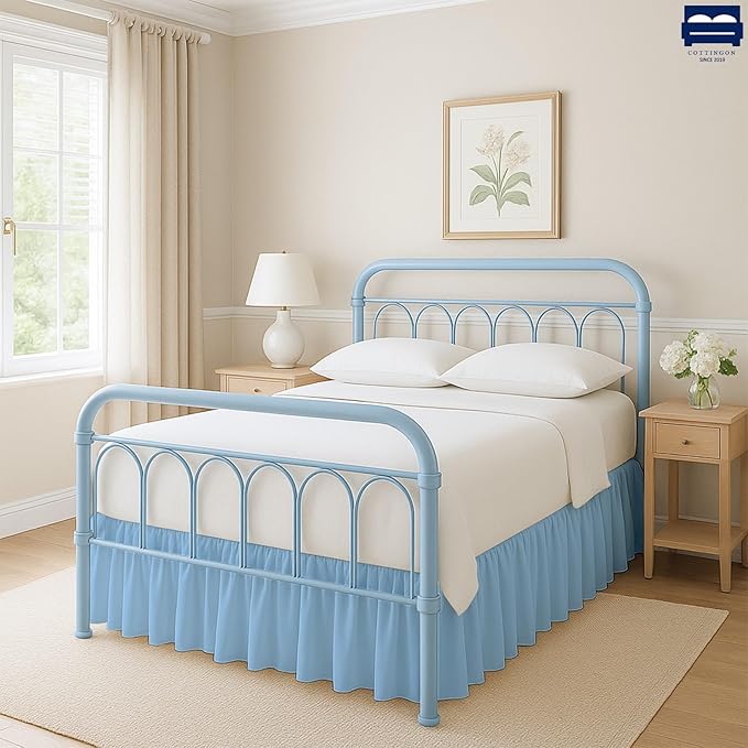 Cottingon Bed Skirt King 14" Drop with Split Corners, 100% Microfiber Soft and Stylish, Dust Ruffle with Platform, Light Blue
