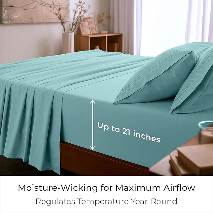 Mellanni Full Sheet Set - 6-Piece Iconic Collection Bedding, (Including 4 Pillowcases), 21-Inch Extra Deep Pocket, Easy Care, Ultra Soft, Cooling Sheets, Brushed Microfiber - Aqua