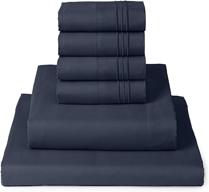 Mellanni Full Sheet Set - 6-Piece Iconic Collection Bedding, (Including 4 Pillowcases), 16-Inch Deep Pocket, Easy Care, Extra Soft, Cooling Sheets, Brushed Microfiber - Navy Blue