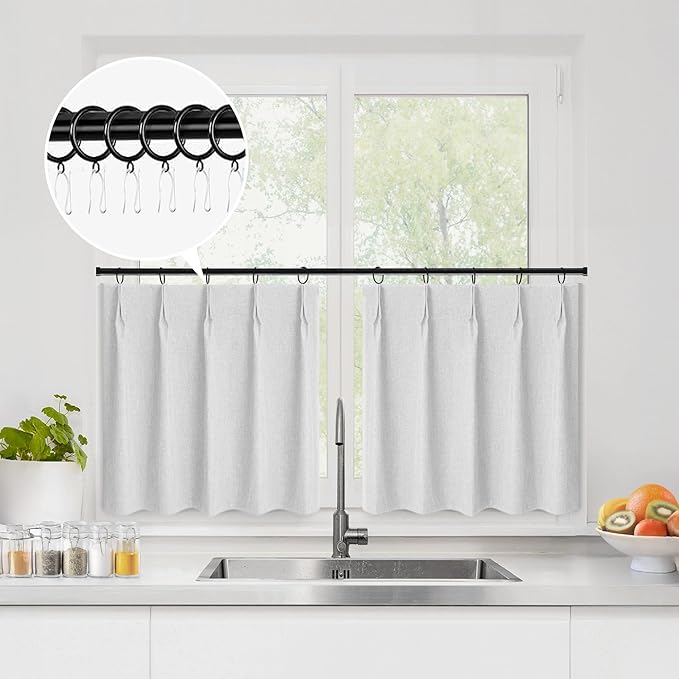 WdFour 30x30 Inch Pinch Pleated Blackout Cafe Curtains - Pack of 2, 100% Light Blocking Back Tab Drapes for Half Windows, Kitchen & Bathroom Short Curtains y. (Greyish White).