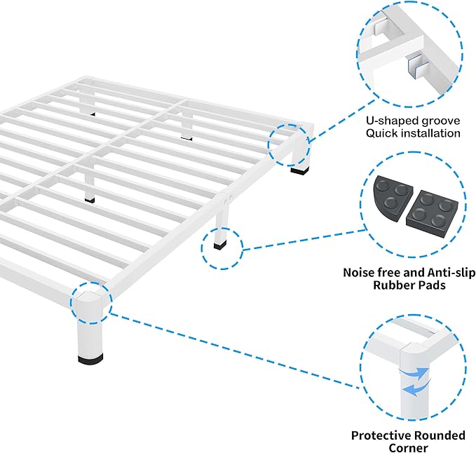 ROIL 7 Inch White King Bed Frame with Rounded Corner and Mattress Retainers, 3500LBS Heavy Duty Steel Slats No Box Spring Needed Platform Noise-Free Easy Assembly