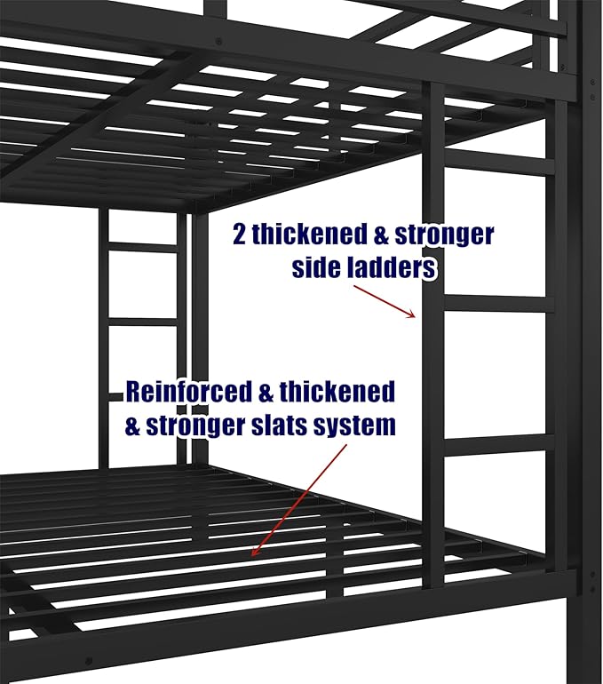 LUCALEO Stronger & Truly Reinforced Heavy Duty Metal Bunk Bed Queen Over Queen Size Bunkbed, Thickened More Stable & Safer Steel Bunk Bed Frame with Twin Size Trundle (Greater Weight Capacity)