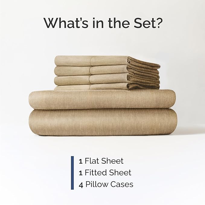 Cal King 6 Piece Sheet Set - Cooling & Breathable - Hotel Luxury Bedding, Includes Fitted Sheet for Women, Men, Kids & Teens - 1 Flat, 1 Fitted Sheet, 4 Pillowcases w/Deep Pockets - Heathered Tan