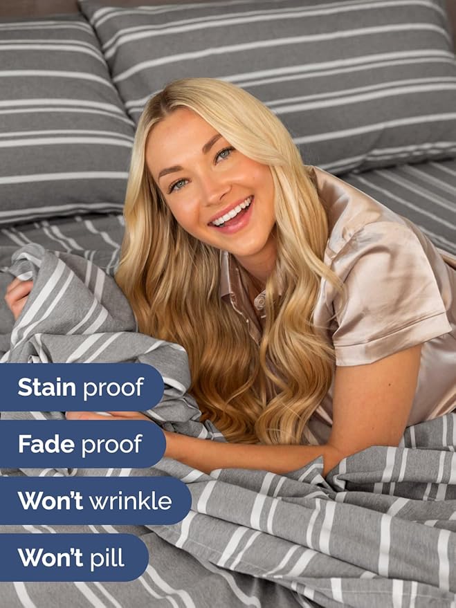 Extra Deep Full Sheet Set - 6 Piece Breathable and Cooling Sheets - Hotel Luxury Bed Sheets Set - Easy Fit - Soft, Wrinkle Free and Comfy Sheets Set - Grey Striped Sheet Set with Extra Deep Pockets
