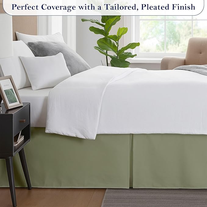 Queen Bed Skirt, Luxury 14 Inch Drop Sage Pleated Bed Skirt, Double Brushed Microfiber, Box Pleat Design, Wrinkle & Fade Resistant, Easy Fit Tailored Bedskirt for Queen Size Beds