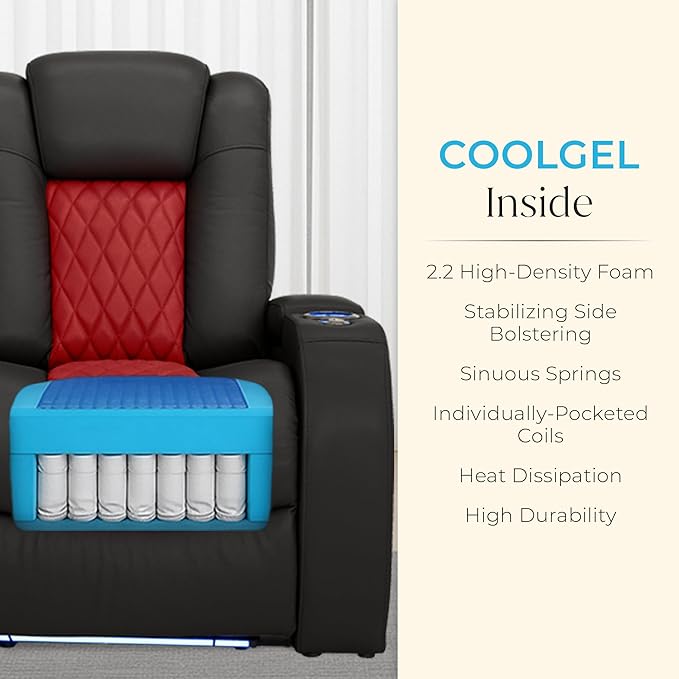 Seatcraft Diamante Zero-Gravity CoolZero Italian Leather Home Theater Seating, Power Headrest, Power Recline, Row of 3, Black/Red