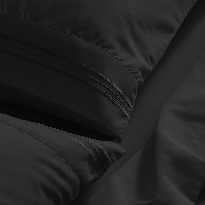 Mellanni Queen Sheet Set - 6-Piece Iconic Collection Bedding, (Including 4 Pillowcases), 21-Inch Extra Deep Pocket, Easy Care, Ultra Soft, Cooling Sheets, Brushed Microfiber - Black