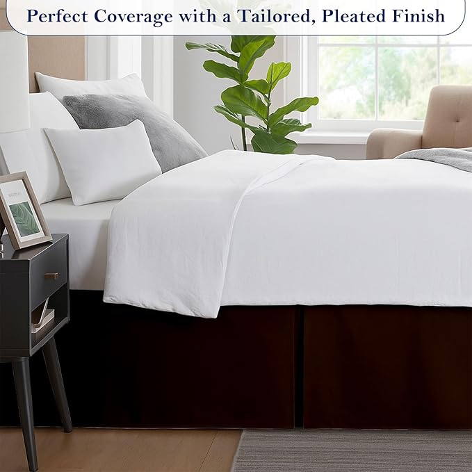 Queen Bed Skirt, Luxury 14 Inch Drop Chocolate Pleated Bed Skirt, Double Brushed Microfiber, Box Pleat Design, Wrinkle & Fade Resistant, Easy Fit Tailored Bedskirt for Queen Size Beds