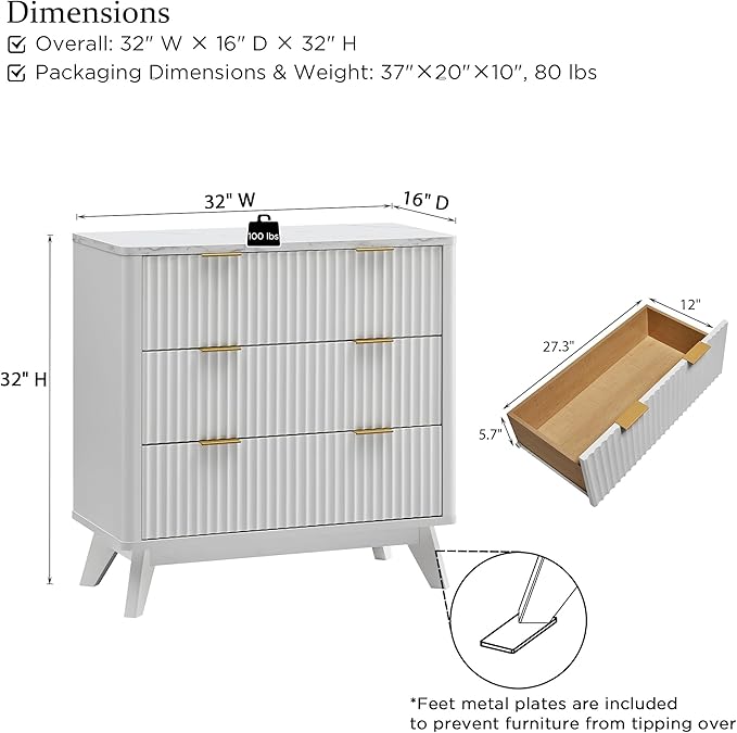 T4TREAM Fluted 3 Drawer Dresser, 32" Tall Modern Chest of Drawers with Faux Marble Top, Curved Profile Design, Wood Drawer Organizer for Bedroom, Living Room, Hallway, Entryway, Solid White