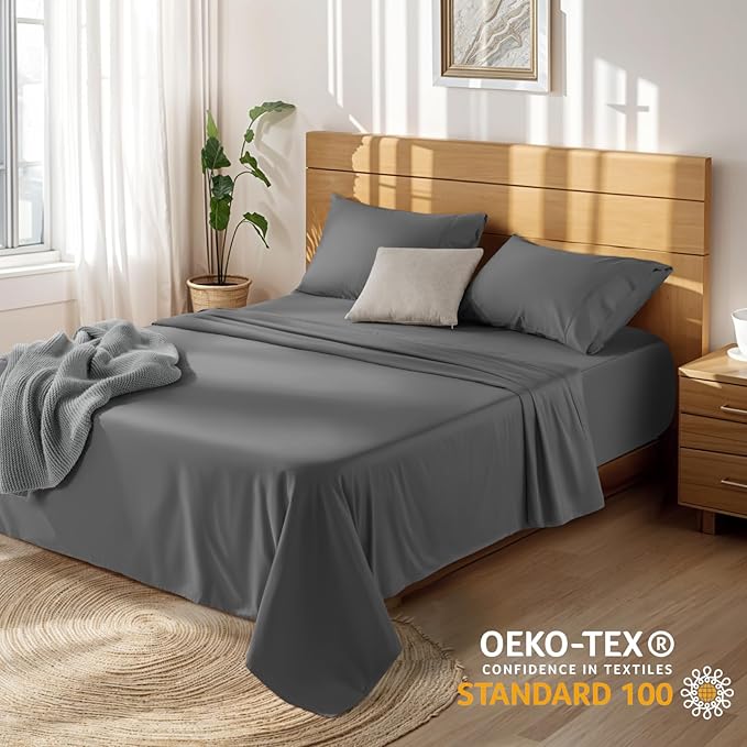 LBRO2M 100% Cotton Sheets Set Deep Pocket 19", 1000 Thread Count King Size 4 Piece Bed Sheet Sets Soft Comfortable Bedding All Season (King, Dark Grey)