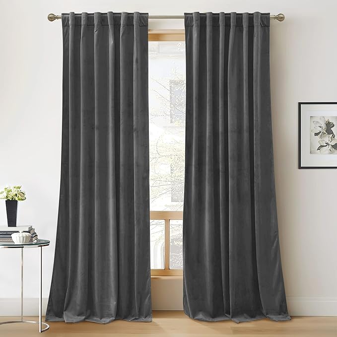 RYB Home Back Tabs Velvet Curtains for Living Room 108 inches - Classic Grey Window Drapes Room Darkening Thermal Insulated Panels for Bedroom Home Office, W52 x L108 inches, 2 Pieces