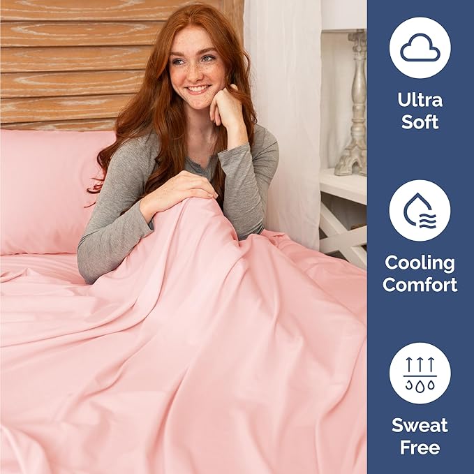 Twin 4 Piece Sheet Set - Cooling, Comfy & Breathable - Hotel Luxury Bedding, Includes Fitted Sheet for Women, Men, Kids & Teens - 1 Flat, 1 Fitted Sheet, 2 Pillowcases with Deep Pockets - Baby Pink