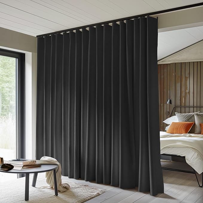 Room Divider Curtains Total Blackout Privacy Curtain Panel Room Thermal Insulated Noise Reduction Curtains for Bedroom Window Living Room Ceiling Track Curtain W 12.5 ft × H 9 ft Black
