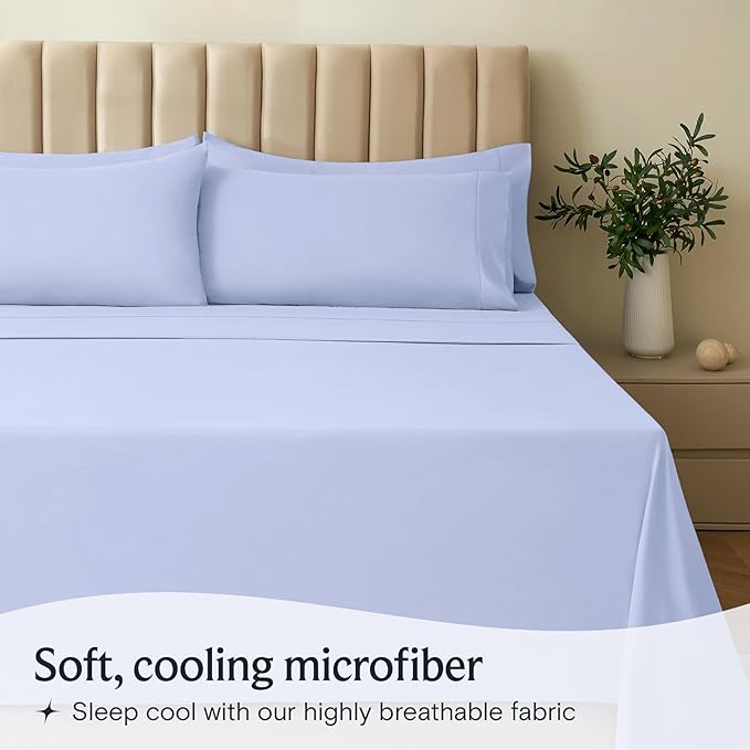 LuxClub 4 PC Sheet Set Bed Sheets Deep Pockets 16" Eco Friendly Wrinkle Free Cooling Machine Washable Hotel Bedding Silky Soft - Sky Blue California King