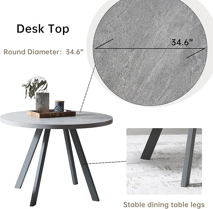 34.6'' Round Dining Table and Chairs for 4, Mid Century Modern Round Table Set, Space Saving for Apartment Kitchen Dining Room (Grey Table+4 White Chairs)