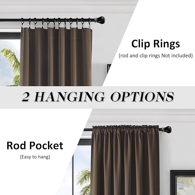 DONREN Extra Long 108 inch Length Blackout Curtains for Large Windows,Rod Pocket Soft and Touching Living Room Sweep to Floor for Villa(Brown,2 Pack,52 W by 108 inches Long)