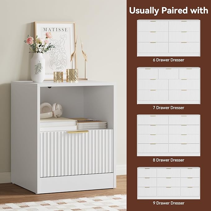 6 Drawer Dresser & Nightstand Set 3-Piece, 55” Wide Bedroom Set Night Stand Set of 2 with Metal Handle, Fluted Modern Wood Chest of Drawers Storage Dressers Set for Bedroom, White