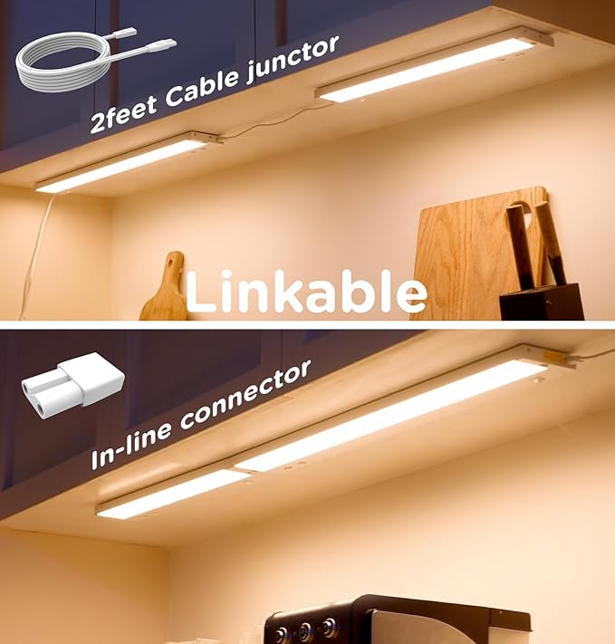 Under Cabinet Lighting Plug in, 24 Inch14W 120V Super Bright, 3 Color 3000K/4000K/5000K, 3 Brightness,Ultra Thin Under Counter Lights for Kitchen, Linkable LED Cabinet Lights, White 2Pack