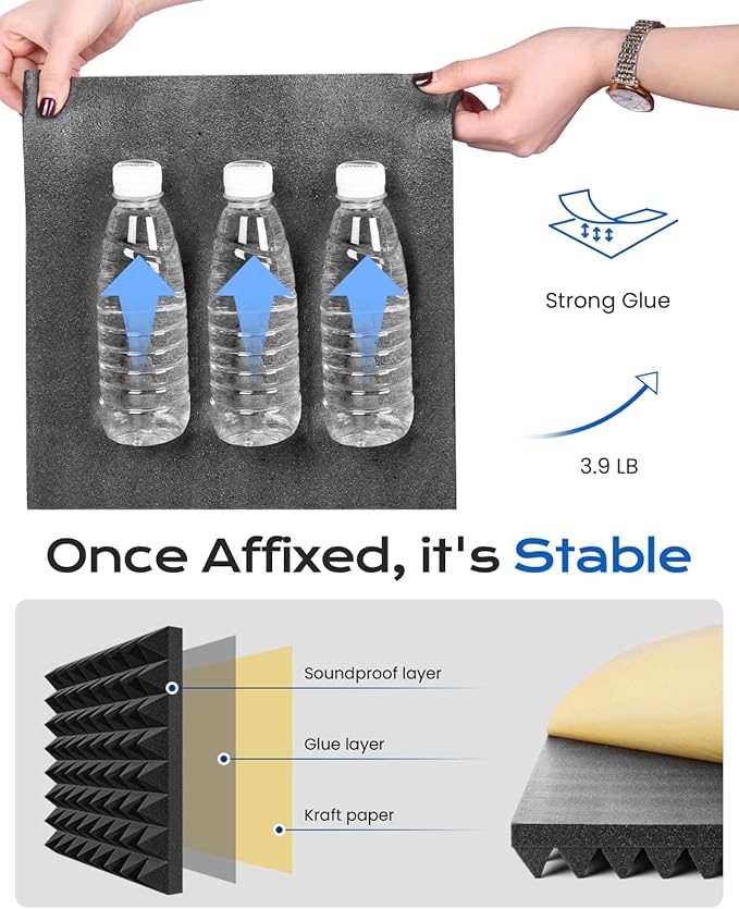 Sonicism Sound Proof Foam Panels for Walls Upgrade Self-Adhesive 16 Pack Pyramid 3"X12"X12" Acoustic Panels 35kg/m³High Density,Soundproof Wall Panels Fast Expand,Sound Absorption and Decoration,Black