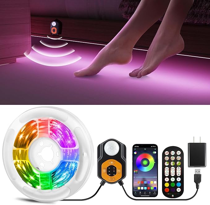 Under Bed Lights Motion Sensor LED Light Strip, 20ft 3 Mode RGB Motion Activated Bed Light with Music Sync and Timer, Color Changing Dimmable LED Light for Bedroom Stair