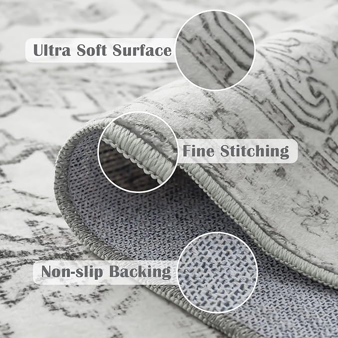 jinchan Lima 8x10 Area Rug for Living Room Washable Soft Throw Rug Ultra-Thin Stain Resistant Non-Slip Distressed Vintage Floral Large Carpet for Bedroom Dining Room Home Office Nursery (8x10ft, Grey)