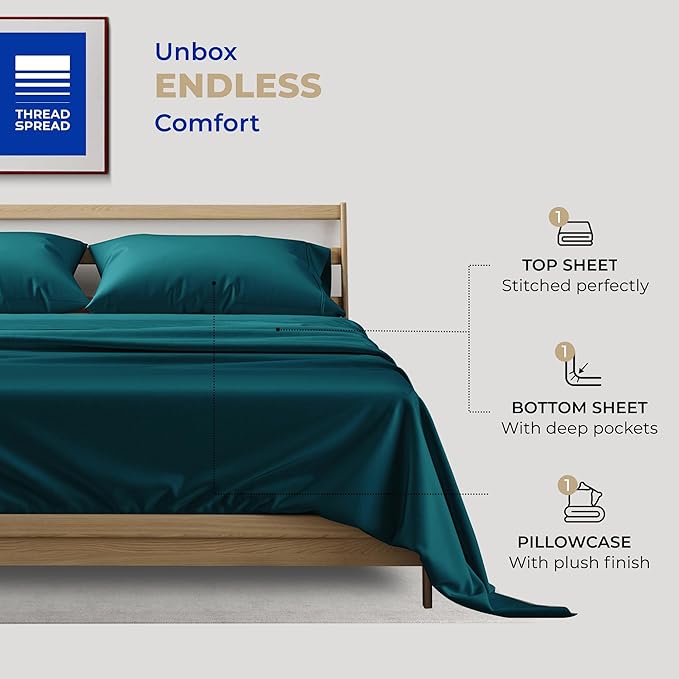 THREAD SPREAD 100% Cotton Sheets Twin Size - 400 Thread Count Cotton Bed Sheets Twin, 3 PC Set (Teal), Luxury Soft, Breathable, Cooling, Sateen Weave 16" Deep Pocket Bedsheet for Dorm Rooms