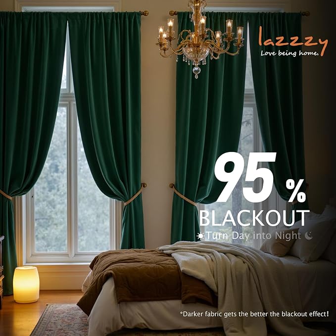 Lazzzy Velvet Blackout Curtains Thermal Insulated Room Window Drapes Super Soft Luxury Curtains for Living Room Bedroom Rod Pocket 2 Panels, Emerald Green, 62" W x 108" L