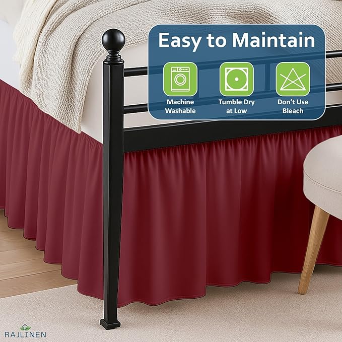Rajlinen Ruffled Bed Skirt Queen, 12 Inch Drop Dust Ruffle with Split Corners, 100% Microfiber Bedskirt with Platform, Three-Sided Coverage Ruffled Gathering Design, Burgundy