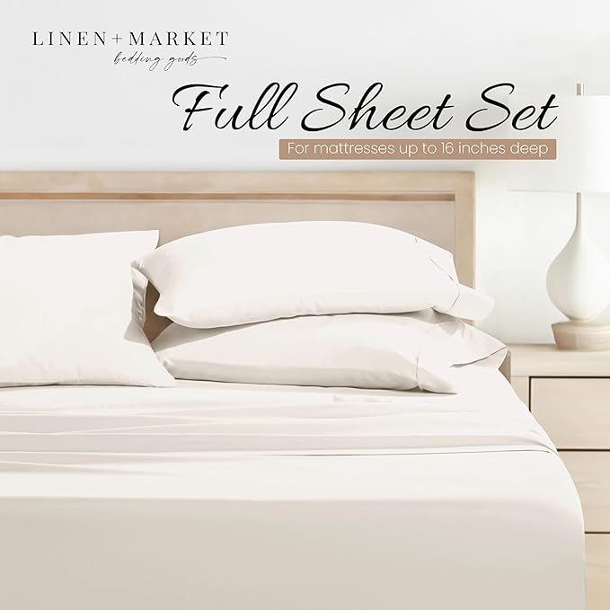 Linen Market Brushed Microfiber Full Sheet Set 4 Piece – Oeko-TEX Certified Ultra Soft & Wrinkle-Free - 16" Deep Pocket Sheets - Easy Care Full Size - Ivory