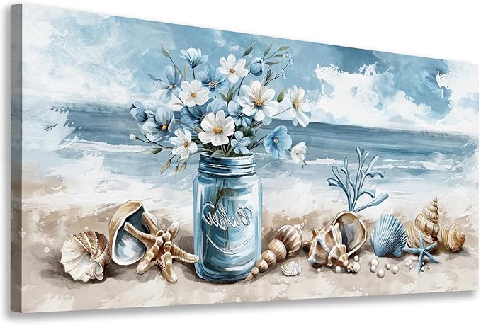 yearainn Coastal Canvas Wall Art - Rustic Jar Flowers Pictures Wall Decor Seashells Seaside Painting Artwork Ocean Landscape Prints for Living Room Bedroom Office Home Decor Ready to Hang 40" x 20"