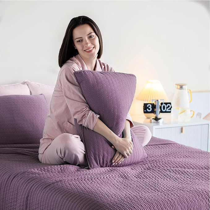 KASENTEX Queen Quilt Set 90"x90" – Soft Washed 3-Layer Lightweight Bedspread, Minimalist Nordic Design, All-Season Spring & Summer Quilt Set (1 Quilt + 2 Pillow Shams),Grape Jam Purple