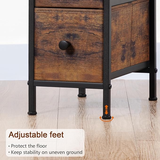LOAKEKEL Narrow End Table Living Room with Charging Station, Skinny Side Table with Fabric Drawers, Slim Nightstand for Bedroom, Small Spaces, Couch, Rustic Brown, HETNDP02PBR-1