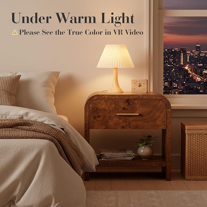 Night Stand [Unique Curved Profile] [FSC-Certified Wooden Board] 1-Drawer and 1 Storage Shelf Nightstand 24" H Metal Handle Modern Bedside Table Side Table End Table