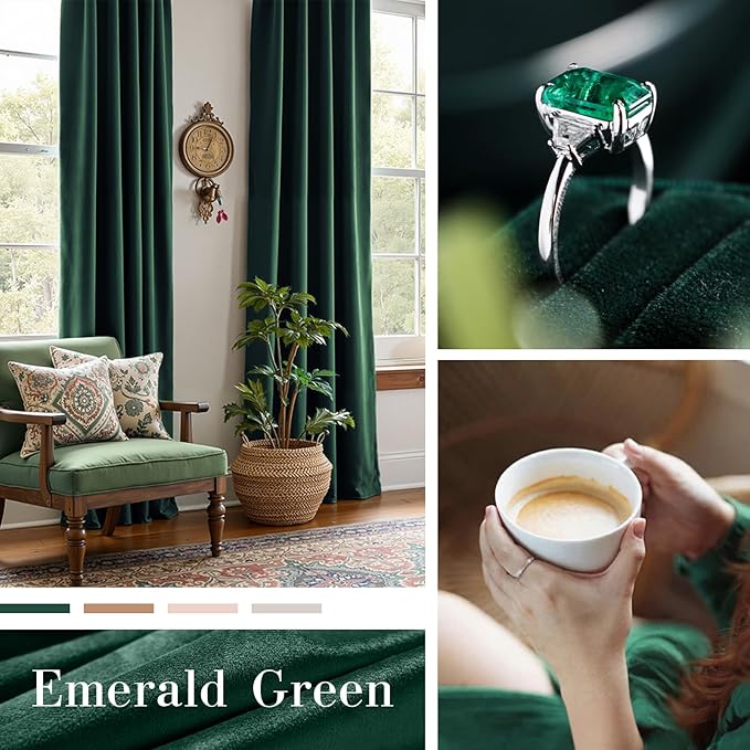 Lazzzy Velvet Blackout Curtains Thermal Insulated Room Window Drapes Super Soft Luxury Curtains for Living Room Bedroom Rod Pocket 2 Panels, Emerald Green, 52" W x 84" L