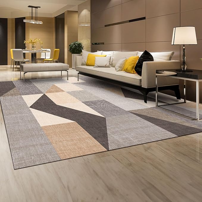 HOMFINE Washable Modern Area Rug - Geometric Style 9x12 Rugs for Living Room, Bedroom, Machine Washable Rug Soft Non Slip Non Shedding Area Rug - Grey Brown, 9'x12'