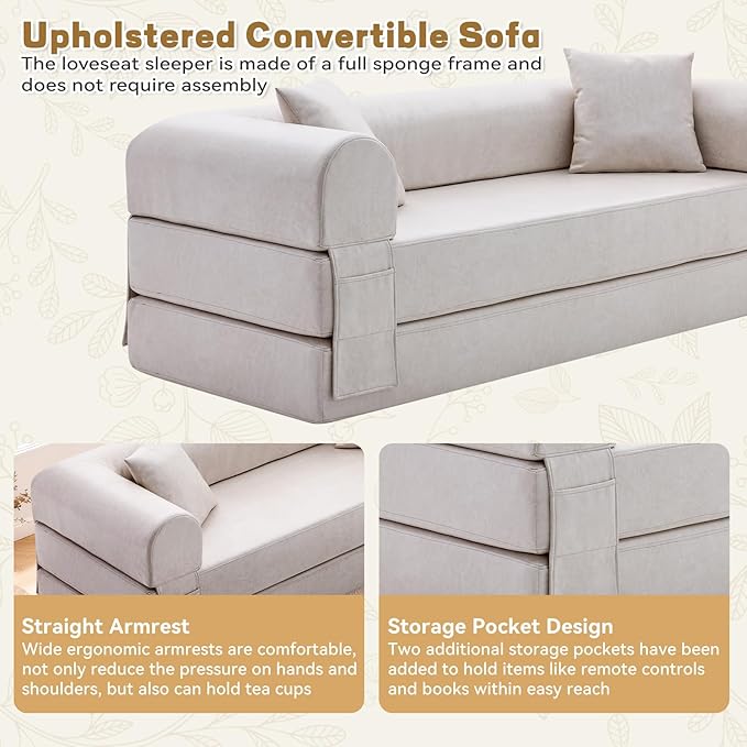 Convertible Folding Sofa Bed,78.5 Inch Faux Leather Futon Couch with Pillows & Storage Pocket,5-in-1 Queen Sleeper Sofa in a Box with Pull Out Bed,Boneless Couch for Living Room Bedroom,Beige